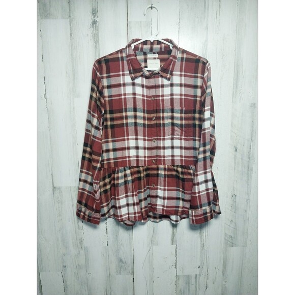 American Eagle Oversized Flannel Peplum Burgundy Plaid Top Small Soft - Picture 1 of 7